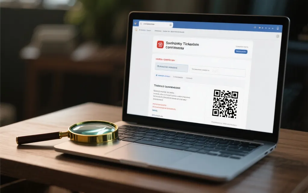 笔记本屏幕上显示可疑门票邮件与二维码,旁边放着放大镜和便签