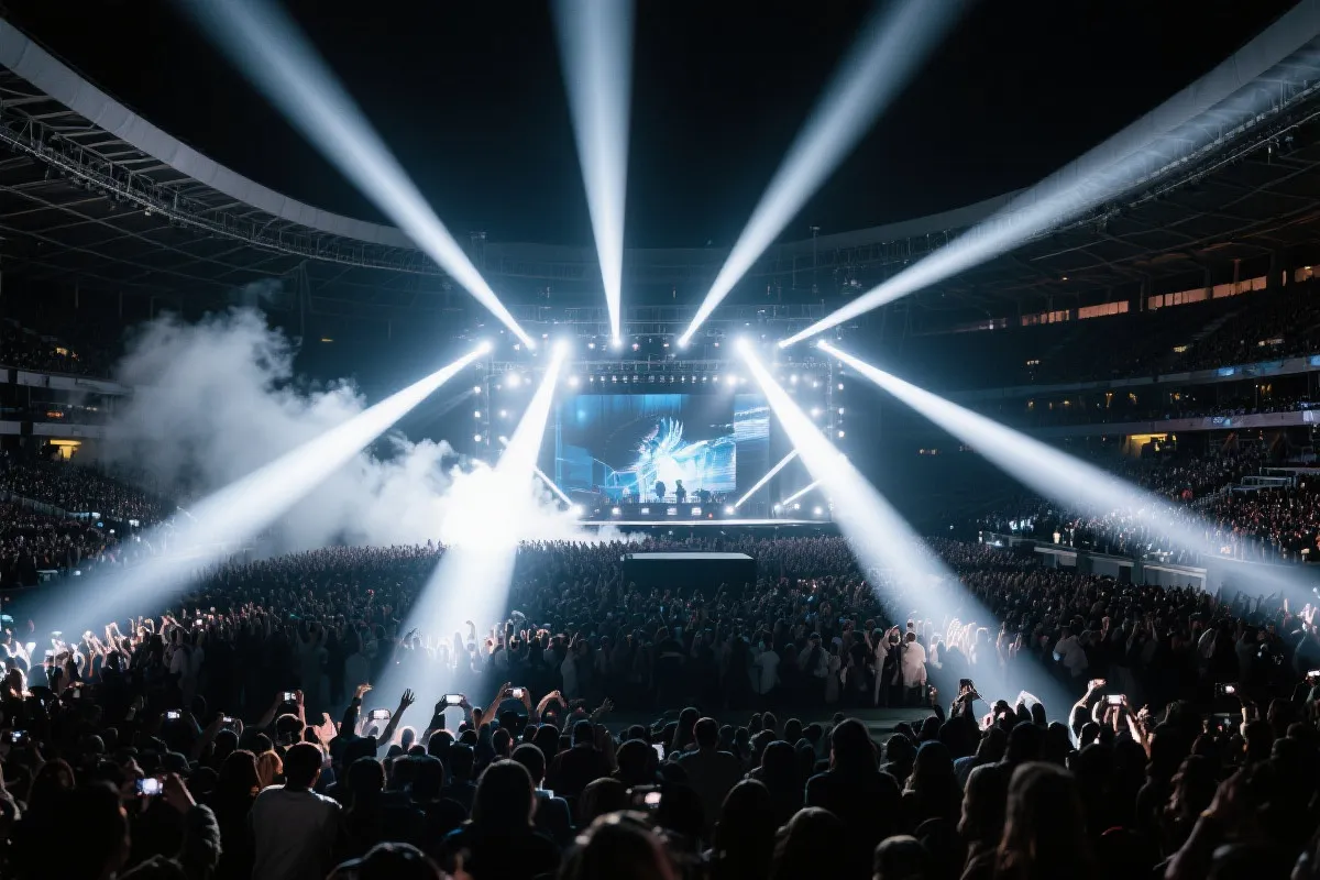 大型舞台灯光与观众人潮的首发现场氛围,象征世界杯主题曲全球发布的仪式感
